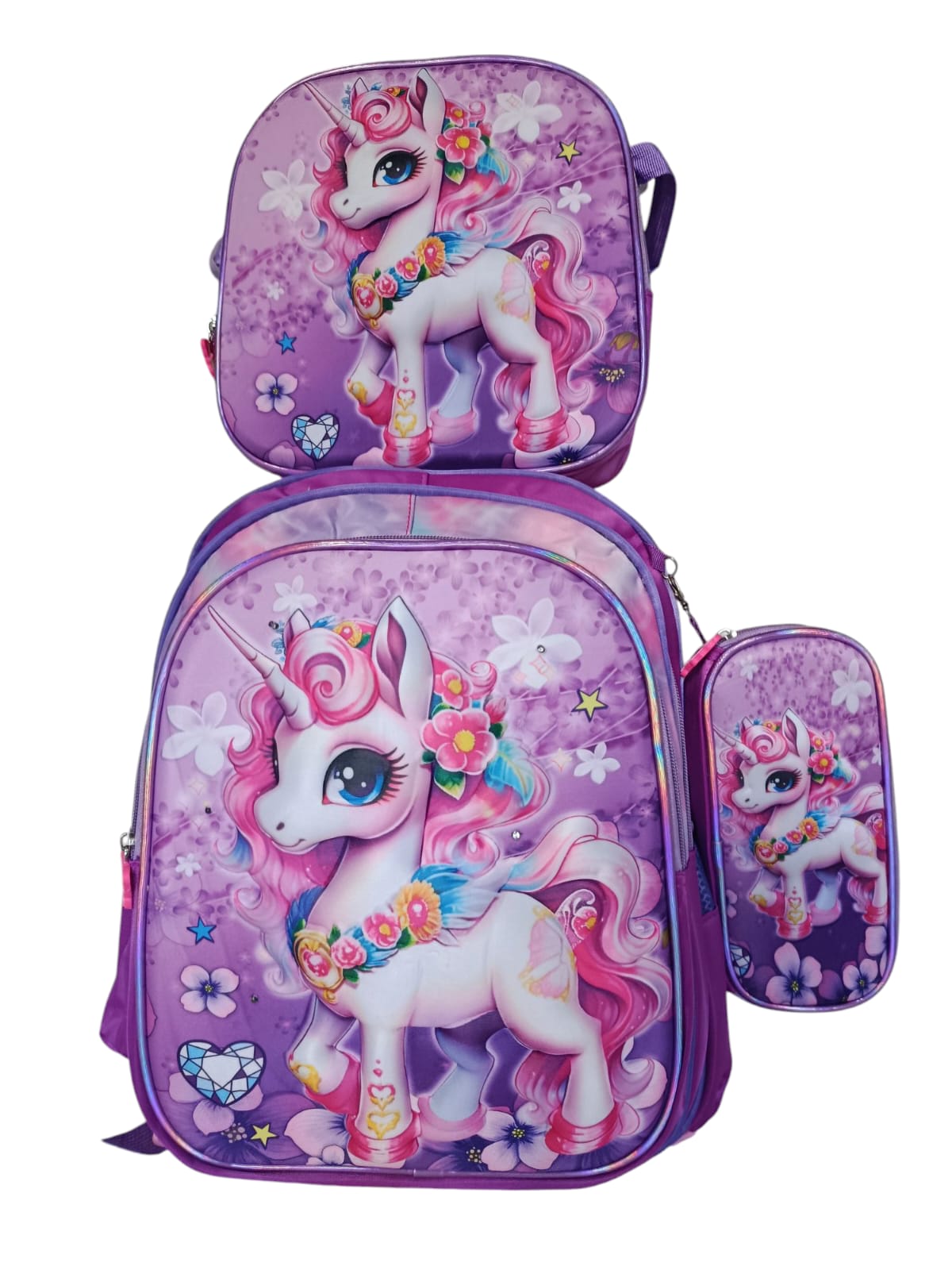 Kit Mochila Escolar Infantil 3d de unicórnio + Lancheira + Estojo